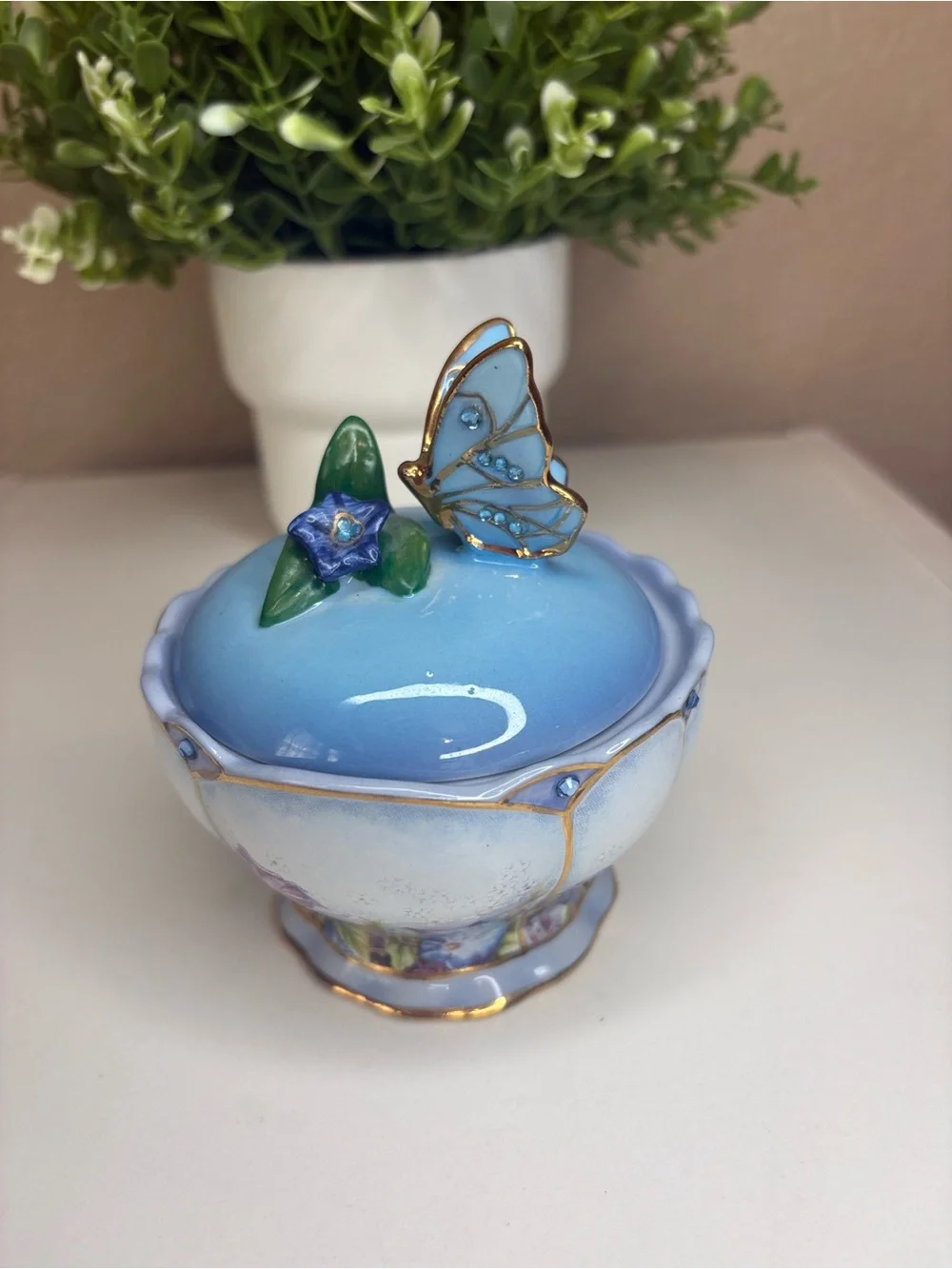 Blue Butterfly Ceramic Trinket Jar with Floral Accent